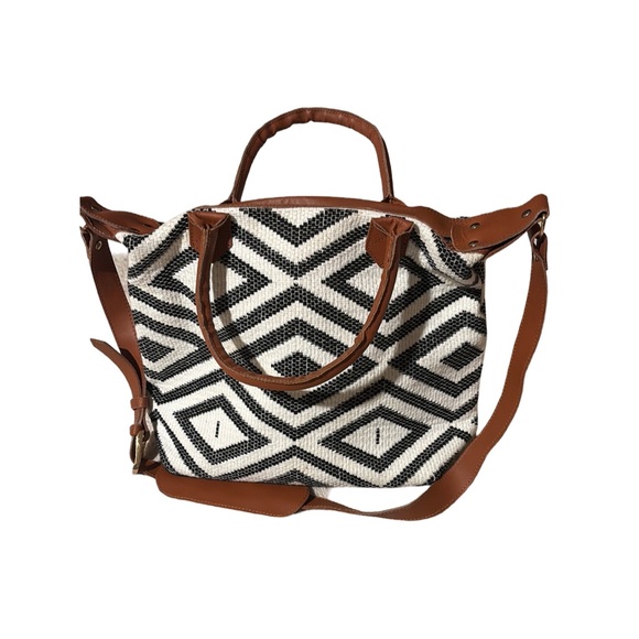 Source Unknown Handbags - Black and White Geometric Satchel with Leather Accents